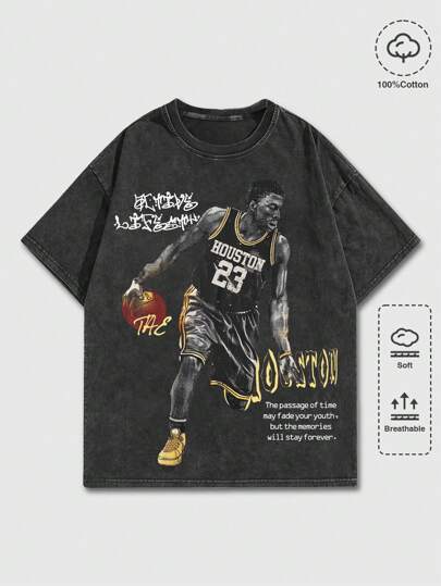 Street Life Maglietta da basket con stampa di ritratti, manica corta, effetto stropicciato, adatta per uso quotidiano in primavera ed estate e contesto scolastico