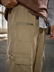 Manfinity VCAY Men's Casual Ribbed Fabric Loose Fit Drawstring Waist Straight Leg Pants - Army Green - View 4