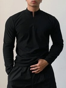 DAZY 男士纯色立领拉链长袖修身运动T恤，秋季款，四分之一拉链男款 - 黑色 - 查看 7