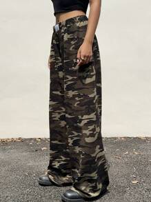 SHEIN EZwear Pantalones deportivos anchos de camuflaje casuales para mujer, aptos para el otoño