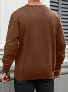 Manfinity Homme Plus Size Men's Casual Plain Loose Fit Pullover Sweater, Men Brown Sweater, Men Knit Sweater, Men Crew Neck Sweater, Brown Crew Neck Sweater, Men Long Sleeve Sweater, For Fall Winter - Coffee Brown - View 2