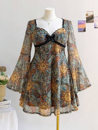 Soleia Plus Size Women Retro Holiday Colorful Sun Print Sweetheart Neck Contrast Lace Flare Sleeve Cinched Waist A-Line Mini Dress, Fall&Winter Women Clothes,Thanksgiving Women Clothes,Christmas Women Clothes,Christmas Party Women Dress,New Year Eve Dress,Thanksgiving Dress,Holiday Dress,Beach Dress Sundress,Holiday Outfits Boho