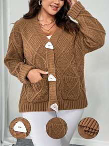 Celure Cárdigan informal de talla grande para mujer de color liso con bolsillos dobles, otoño/invierno