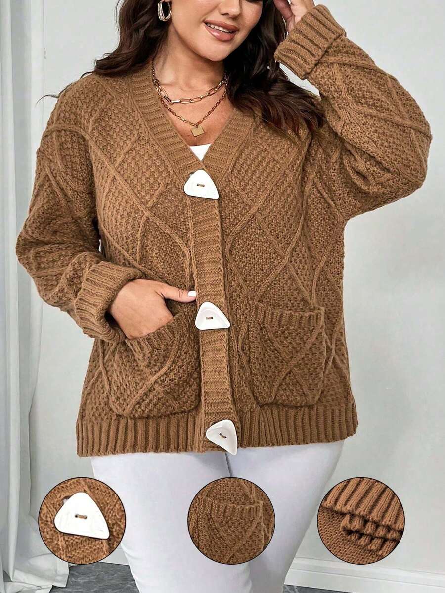 SHEIN Unity Cárdigan informal de talla grande para mujer de color liso con bolsillos dobles, otoño/invierno - Camel - Ver 1