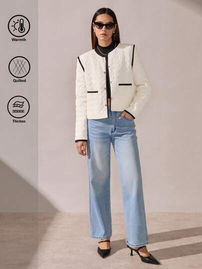 BizChic 女士白色绗缝圣诞夹克长袖外套，优雅通勤夹克