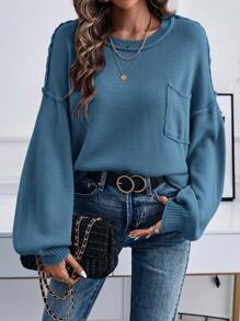 SHEIN LUNE Women's Round Neck Loose Drop Shoulder Pockets Knitted Sweater, Casual For Everyday Wear, Autumn/Winter Fall - Dusty Blue - View 6