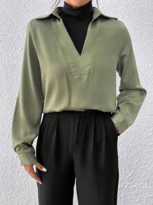 Chiquease 女士 V 领拼色针织高领优雅毛衣 - 軍綠色 - 查看 7