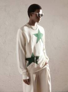 AKNOTIC Party Áo len dài tay cổ tròn họa tiết ngôi sao màu khối cho nam, thường ngày cho mùa thu/đông - Màu be - Xem 5