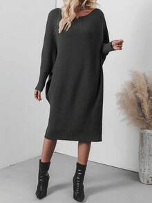 SHEIN LUNE 女士休闲纯色蝙蝠袖毛衣连衣裙，秋冬 - 黑色 - 查看 3