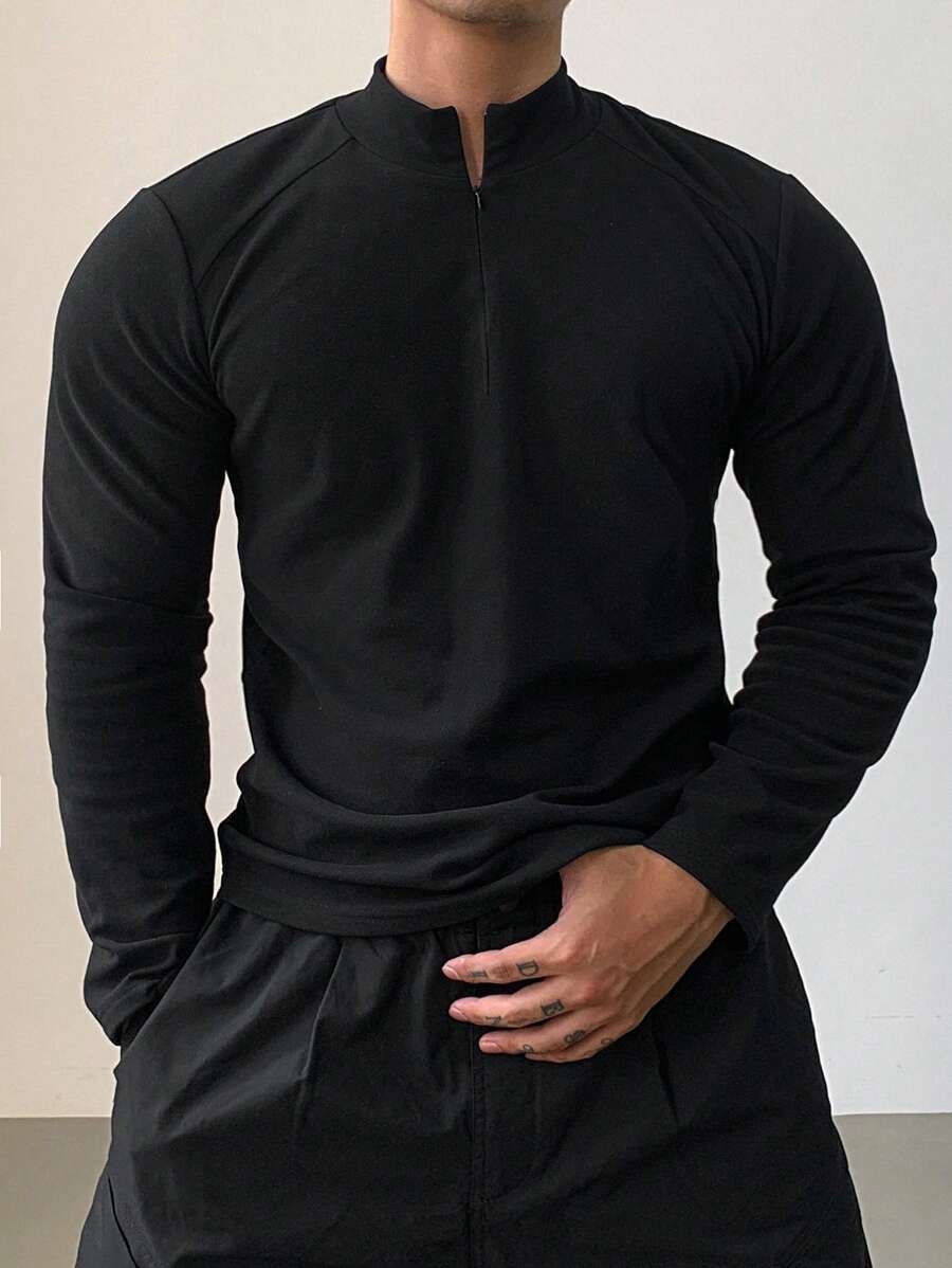 DAZY 男士纯色立领拉链长袖修身运动T恤，秋季款，四分之一拉链男款 - 黑色 - 查看 1