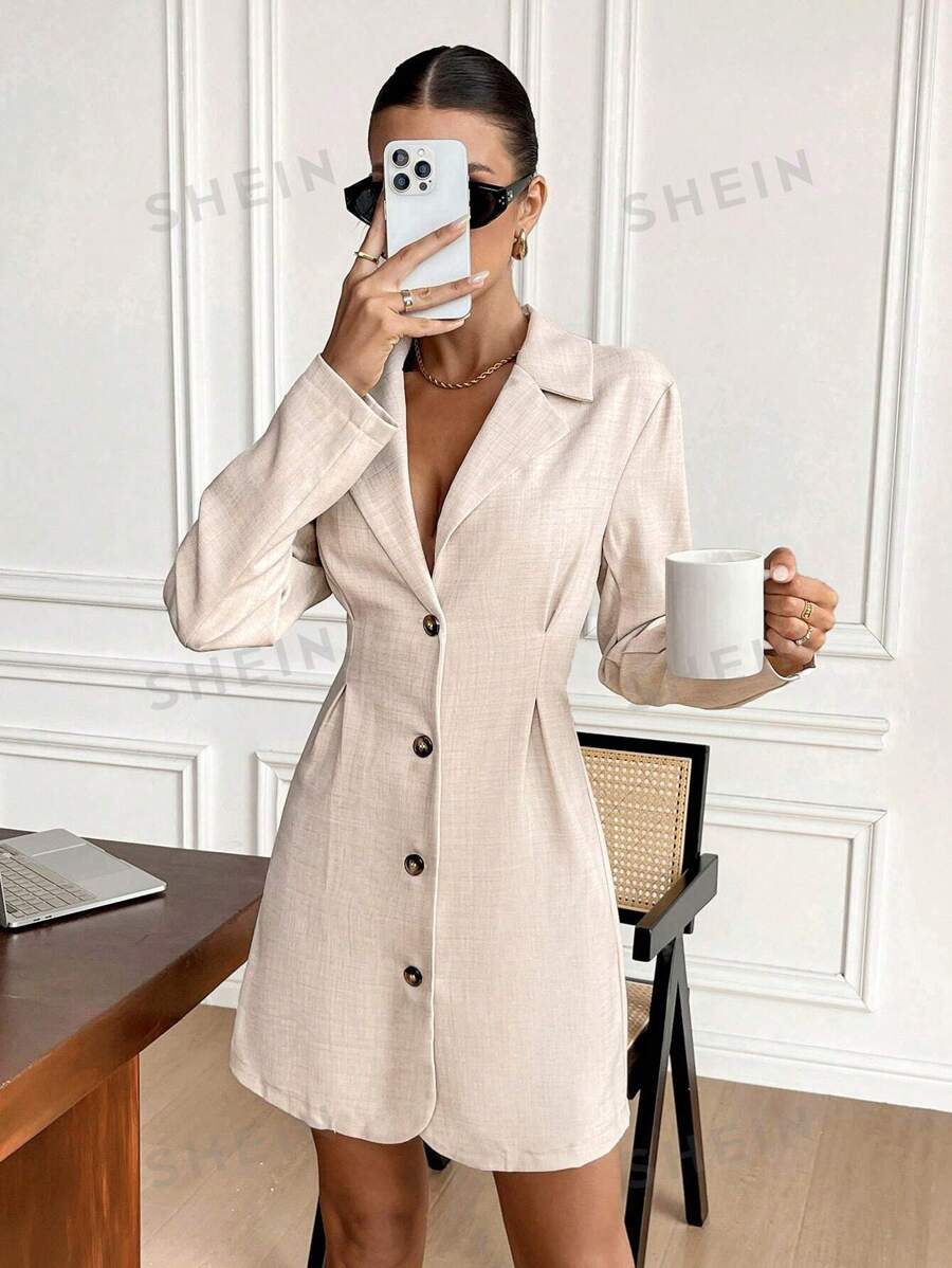 SHEIN Frenchy Vestido corto casual minimalista de mujer con botones frontales, manga larga y cuello alto de un solo color