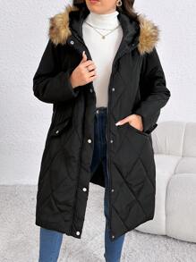 SHEIN LUNE Plus Size Casual Warm Plush Trim Hooded Zip Up Padded Coat, Autumn - Black - View 1