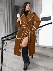 SHEIN Unity Plus Size Contrast Color Trim Long Casual Coat, Autumn/Winter - Coffee Brown - View 5