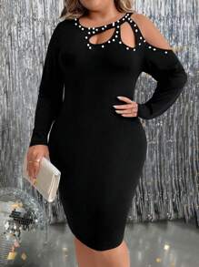 DreamSkyne Vestito corto semplice con spalle scoperte, maniche lunghe e decorazioni con perle, colore unito, taglie comode - nero - Visualizzare 4