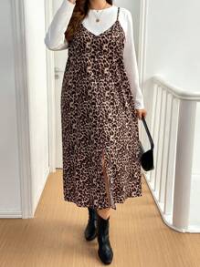 SHEIN Essnce Plus Size Plain Crew Neck Long Sleeve Shirt And Casual Leopard Print Dress 2 Pieces Set