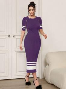 Modelyn Women Casual Color Block Striped Short Sleeve Fitted Sweater Dress, Autumn/Winter