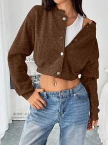 Chiquease Button Front Long Sleeve Crop Casual Jacket For Women, Minimalist American Style