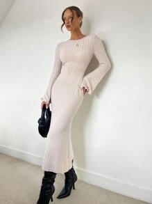 Chiquease 1pc Women's Backless Long Sleeve Ruffled Knit Dress, Bodycon Rib Low Waist Mermaid Gown - Apricot - View 3
