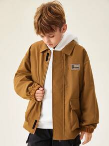 SHEIN Áo khoác lót nhiệt cổ rộng thoải mái cho bé trai tuổi mới lớn - màu nâu - Xem 6