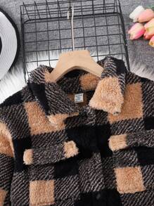 SHEIN 少女 2 件套格子印花单肩泰迪熊双面天鹅绒/夹克和裙子 - 彩色 - 查看 13