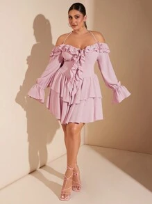 SHEIN BAE 加大码曲线女式优雅派对甜蜜约会生日粉色单肩带荷叶边装饰长袖迷你连衣裙女士连衣裙吊带裙派对连衣裙女士生日服装女士加大码正式礼服鸡尾酒会礼服性感加大码礼服婚礼宾客礼服女士礼服女士优雅圣诞礼服女士万圣节服装女士加大码礼服秋季婚礼服装女士 - 粉色 - 查看 6