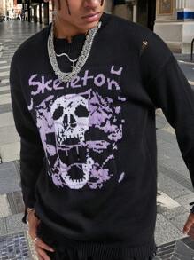 Manfinity Roghcode Men's Crew Neck Long Sleeve Stylish Letter Printed Casual Comfortable Sweater - Black - View 5