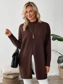 Women Solid Color Mock Neck Side Slit Long Casual Knit Sweater - Brown - View 5