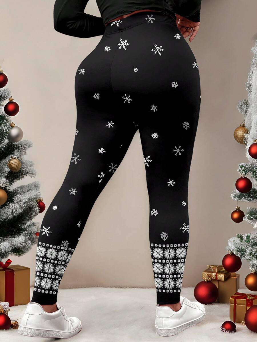 SHEIN LUNE Plus Size Snow Flake Print Elastic Waist Casual Leggings