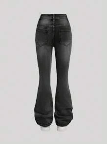 SHEIN Girlism 少女Y2K水洗高腰猫须水洗喇叭牛仔裤，返校街头风 - 黑色 - 查看 2