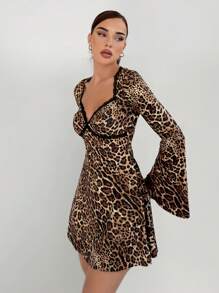Aloruh Women's Sweetheart Neck Lace Panel Leopard Print Flare Sleeve Fashion Dress - Multicolor - View 4