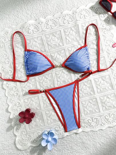 Swim Mod Women's Summer Contrasting Blue And White Stripe Spaghetti Strap Pearl Metal Decor Sexy Bikini Set