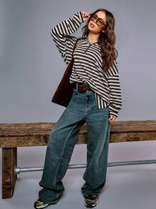 Athîral Women Casual Stripe Zipper Partial Placket Drop Shoulder Long Sleeve Sweatshirt, Autumn/Winter Warm Cold Weather Thermal Brown - Brown - View 3