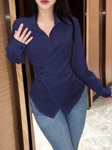 EMERY ROSE Women Casual Solid Color Wrap Shirt, Autumn,Long Sleeve Tops Fall Cloth For Women - Navy Blue - View 6