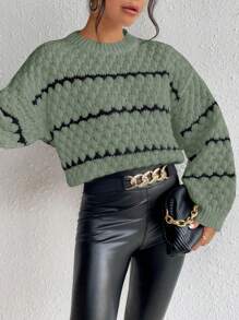 Chiquease Women's Casual Everyday Crew Neck Contrast Color Loose Drop Shoulder Sweater, Autumn/Winter