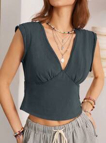 Bohemela 女士度假 V 领无袖紫色 T 恤 - 深灰色 - 查看 5