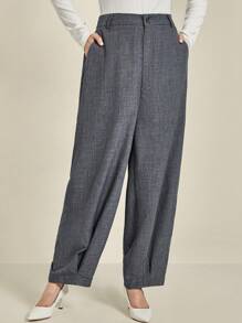 Plus Size Women Grey Textured Woven Casual Pants With Pockets Fall Cloth For Women - Grey - View 1