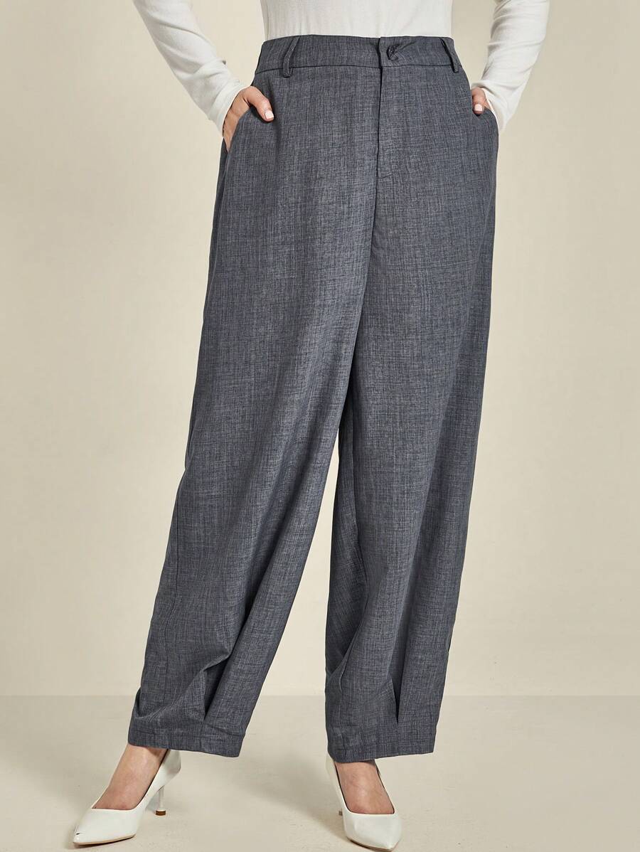Plus Size Women Grey Textured Woven Casual Pants With Pockets Fall Cloth For Women - Grey - View 1