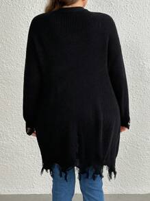 SHEIN LUNE Plus Size Black Solid Color Front Button Ripped Fringe Trim Casual Long Sleeve Knit Cardigan
