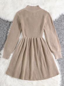 SHEIN Leap Crew 少女杏色优雅休闲灯笼袖高领 A 字型收腰毛衣连衣裙