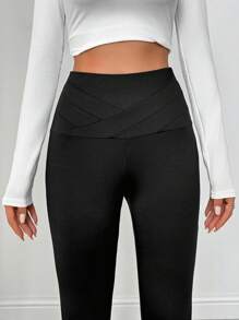 SHEIN Essnce 女士纯色高腰修身打底裤，休闲度假和外出 - 黑色 - 查看 3