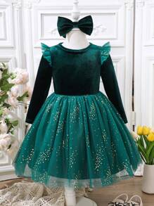 Glamorique Kids Christmas, New Year's Young Girl Elegant Net Yarn Cap Sleeve Patchwork Luxurious Foil Velvet Green Party Dress, Autumn/Winter - Dark Green - View 1