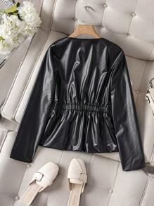 Chiquease PU Material Faux Metal Button Waist Jacket, Suitable For Autumn Fall Cloth For Women - Black - View 2