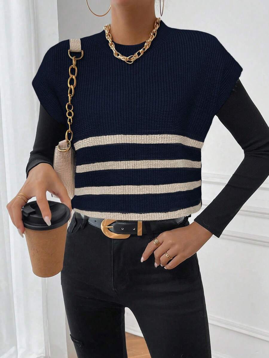 Chiquease Chaleco holgado de punto casual con cuello redondo a rayas para mujer, otoño/invierno - Azul Marino - Ver 1