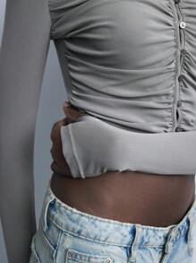 Maija 新款秋冬优雅灰色长袖女式针织网眼 V 领上衣，时尚派对和休闲日常穿着 - 灰色 - 查看 3