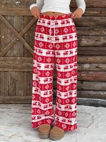 SHEIN EZwear Women's Front Tie Warm Christmas Fleece Pants, Casual Daily Wear, Autumn/Winter