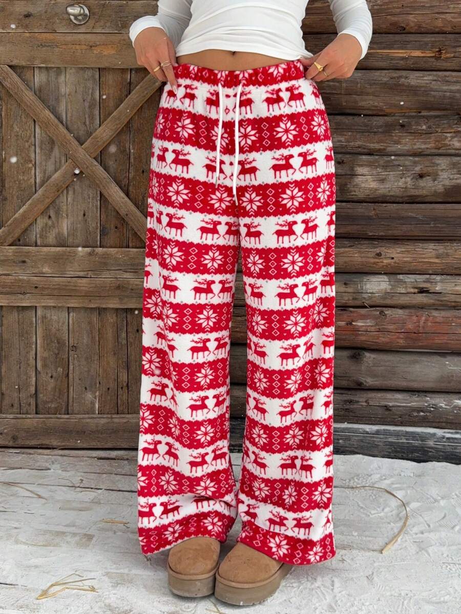 SHEIN EZwear Women's Front Tie Warm Christmas Fleece Pants, Casual Daily Wear, Autumn/Winter