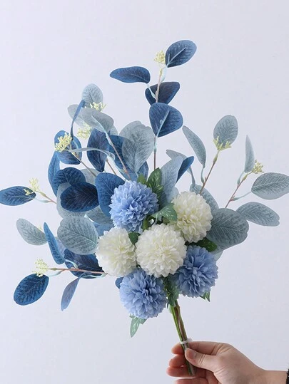 SHEIN 1pc Simulation Flower Pomander Bouquet In White And Blue For Home Table Decor Christmas For Holiday Gift Giving