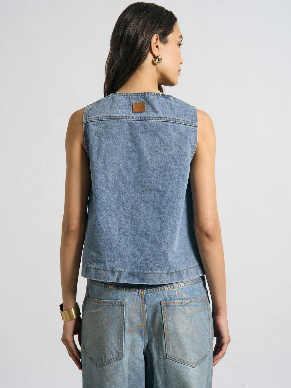 AiiRZ Western Denim Patch Pocket Detail Sleeveless Front-Tie Gilet Top