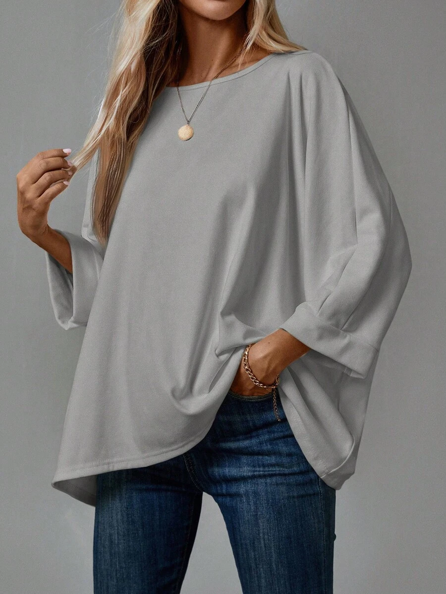 EMERY ROSE Women's Solid Color Round Neck Long Sleeve Basic T-Shirt, Casual Everyday Wear - Grey - View 1