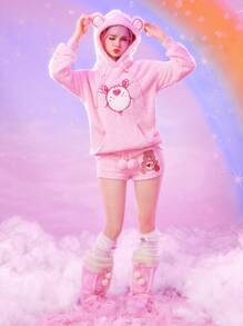 ROMWE X Care Bears Women Embroidered Teddy Bear Pattern Face Plush Women Drawstring 3D Ears Hooded Sweatshirt - Pink - View 2